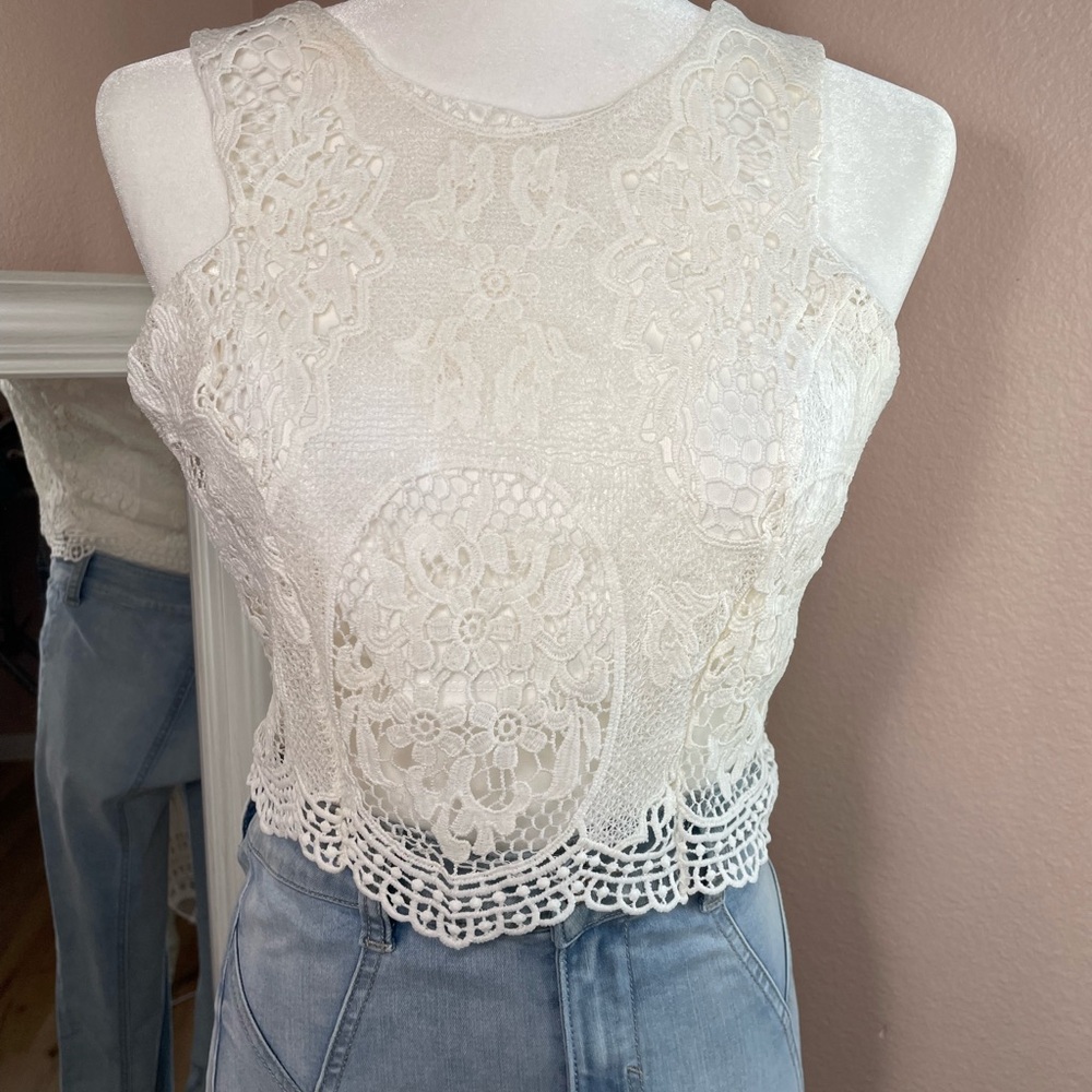 Boho Lace Crochet Crop Top White Festival Coachella Sheer Tank M